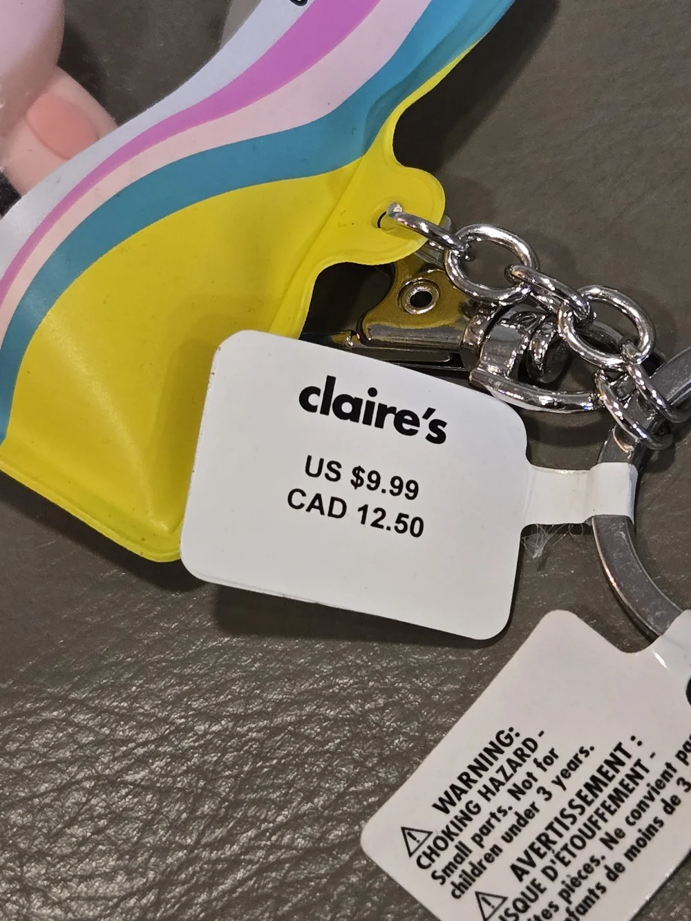 Claire's Yellow Candy Bag Keychain with Pink Bunny and Teal Strap
